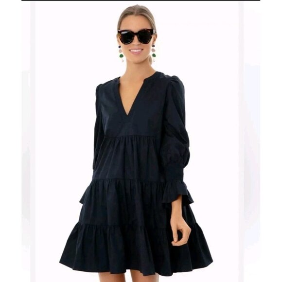 Pomander Place by Tuckernuck Navy Crepe Kenzo Dress sz L Tiered Mini Swing - Picture 1 of 11